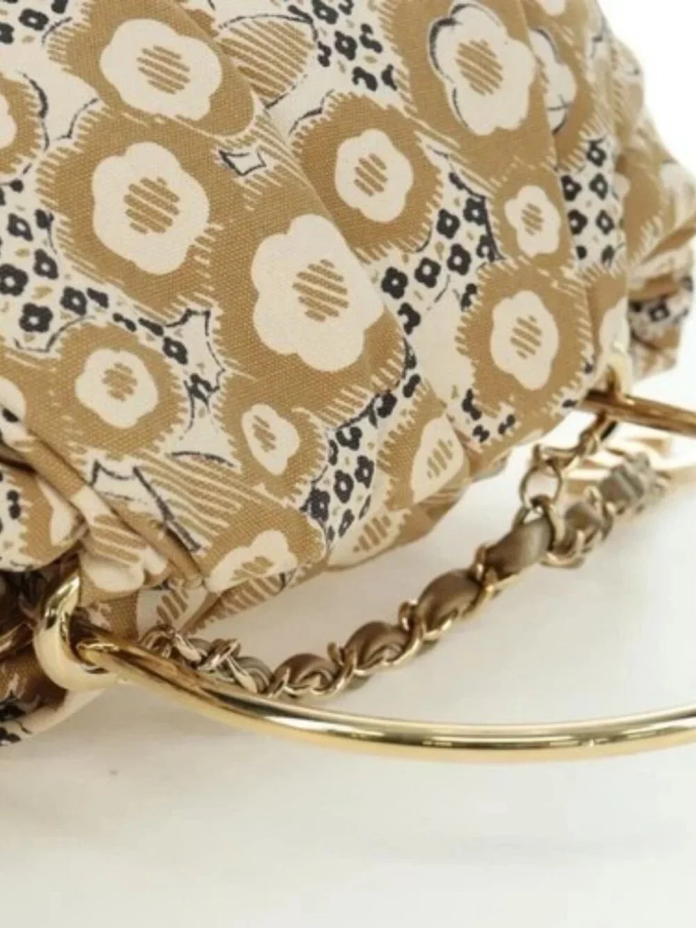 CHANEL Camelia Hand Bag Canvas Beige Gold CC Auth BAZ669V